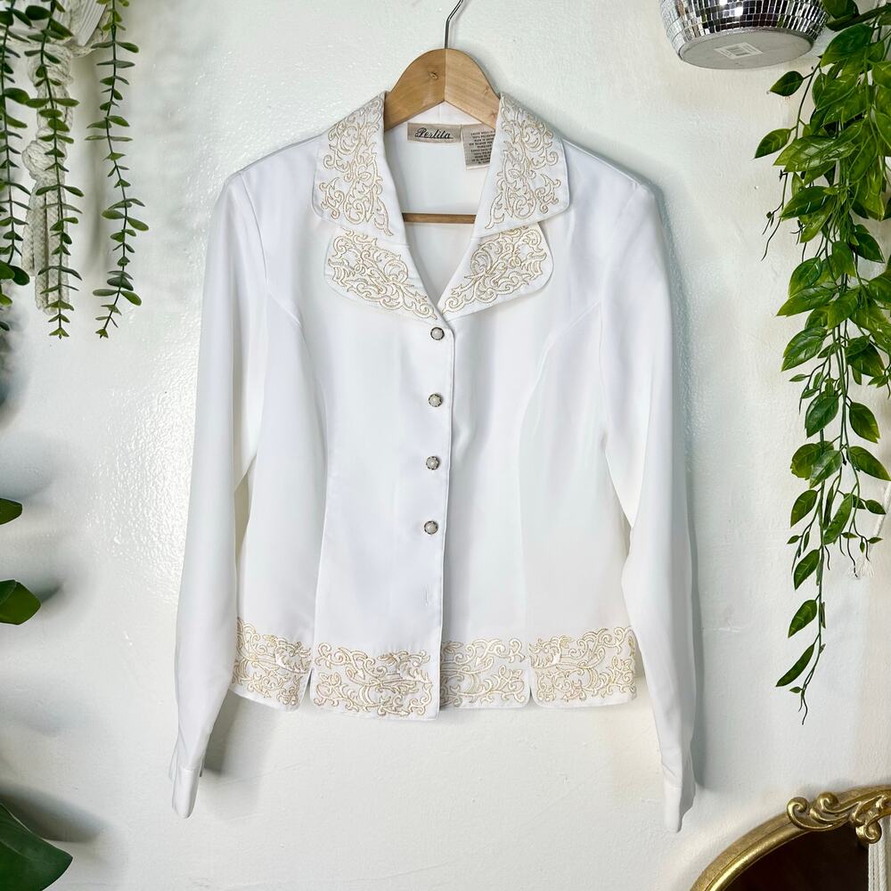 VTG 80s/90s Retro Perlita White + Gold Embroidered Mob Wife Old Money Blazer